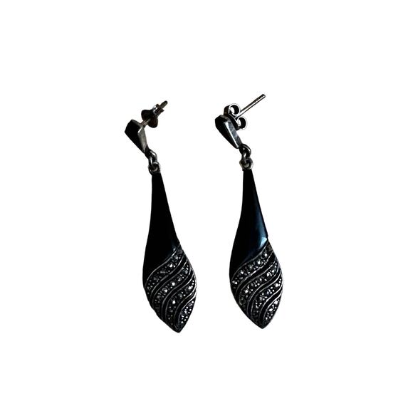 FAS Sterling, Onyx and Marcasite Earrings - Picture 2 of 7